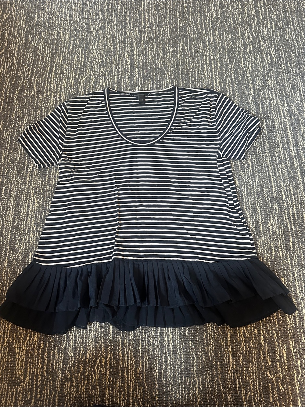 Striped Short Sleeve Peplum Top in Navy and White